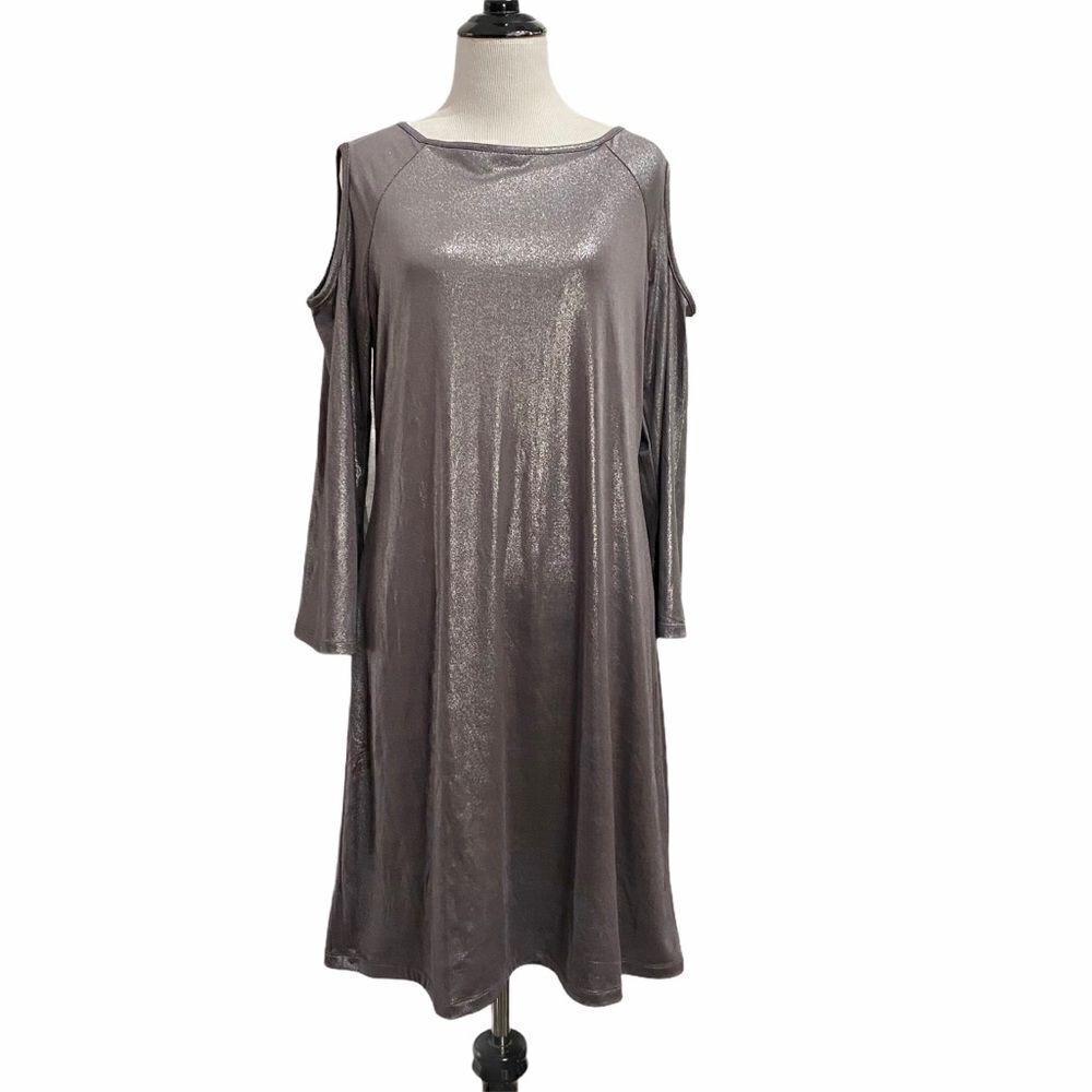 RSVP Metallic Foil Sheath Dress Cold Shoulder